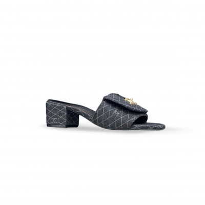 CHANEL DENIM QUILTED TURNLOCK SLIPPERS MULES 